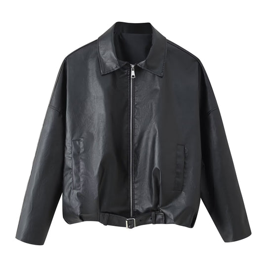 Damen modische Kunstlederjacke mit Taillengürtel R&B