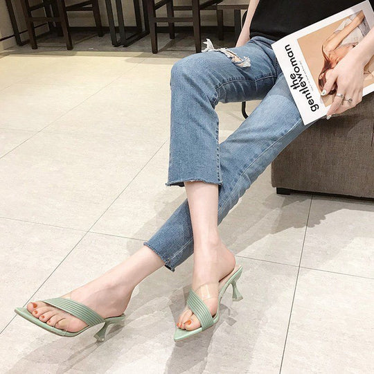 Damen elegante Flip-Flop-Sandalen mit transparenten Riemen und spitzem Zehenbereich R&B