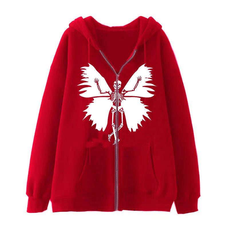 Damen Zip-Hoodie mit einzigartigem Skelett- und Schmetterlingsmotiv