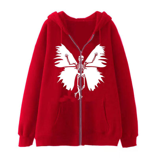 Damen Zip-Hoodie mit einzigartigem Skelett- und Schmetterlingsmotiv R&B