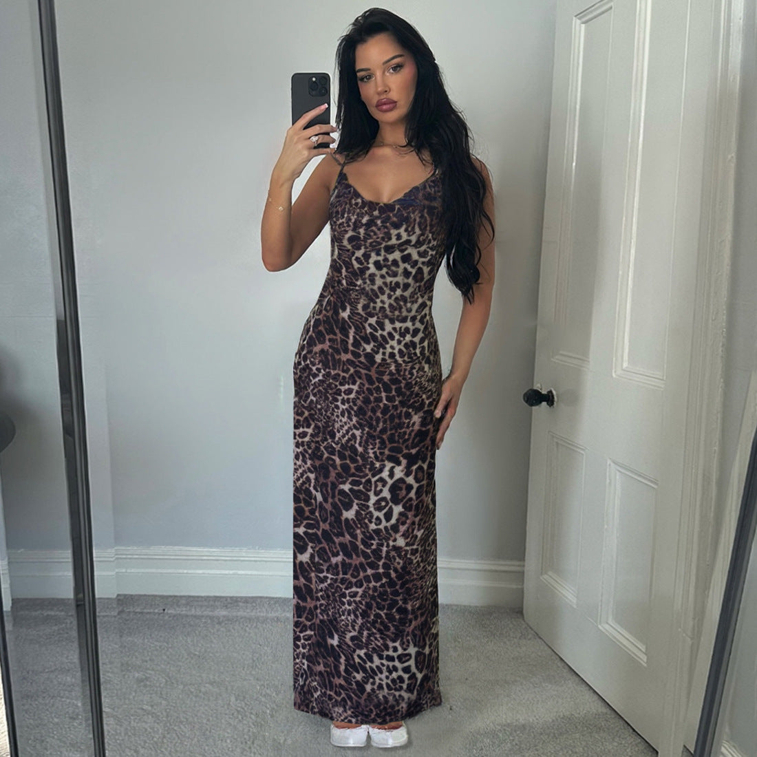 Damen Maxi Kleid mit elegantem Leopardenmuster und schmalen Trägern R&B