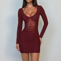 Damen figurbetontes Longsleeve Minikleid mit transparenten Einsätzen und Rüschendetails EB