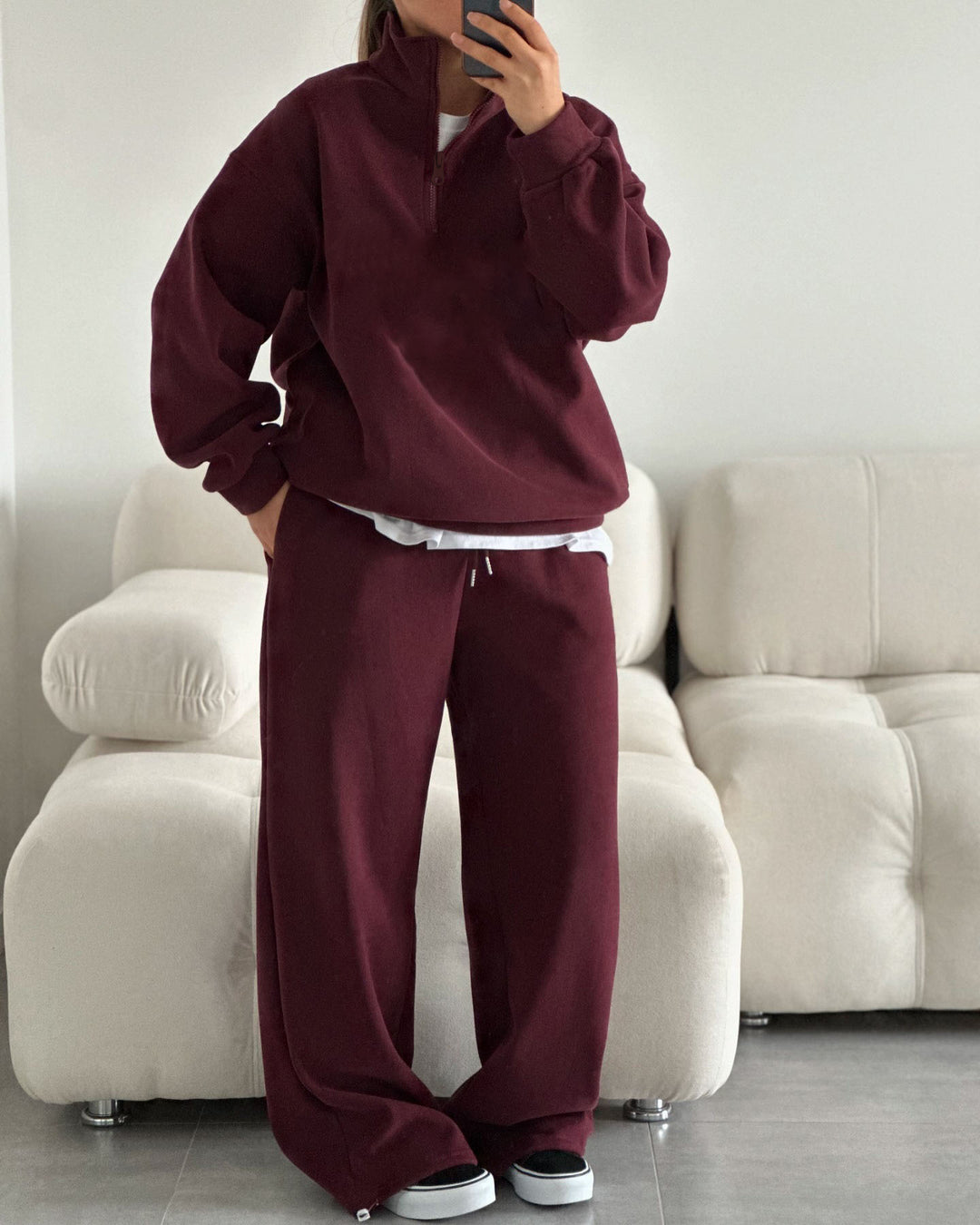 Damen gemütliches Fleece-Loungewear-Set mit Stehkragen und Reißverschluss R&B