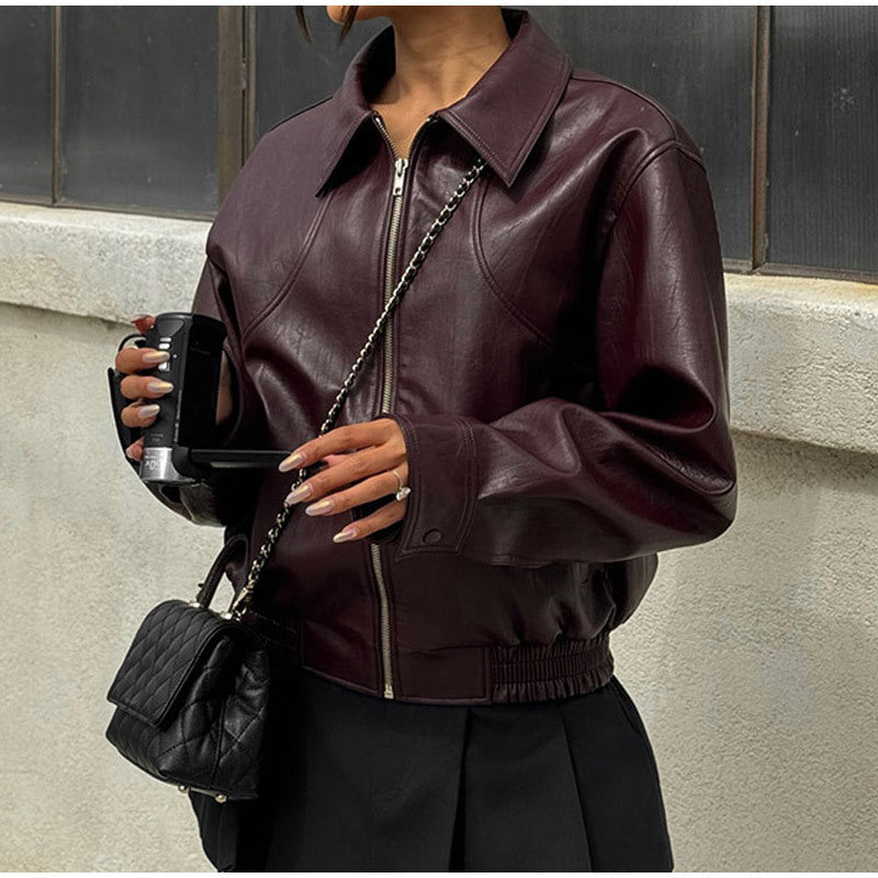 Damen modische Kunstlederjacke im lässigen Schnitt mit elastischem Bund R&B