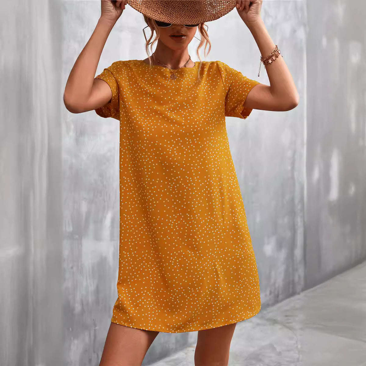 Damen lässiges Polka-Dot Kleid mit kurzem Arm und bequemem Schnitt R&B