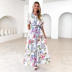 Damen Maxikleid mit buntem floralem Druck und einem eleganten Gürtel R&B