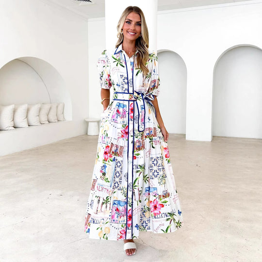 Damen Maxikleid mit buntem floralem Druck und einem eleganten Gürtel R&B