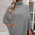 Damen Strick-Poncho mit hohem Kragen und Knopfdetails R&B