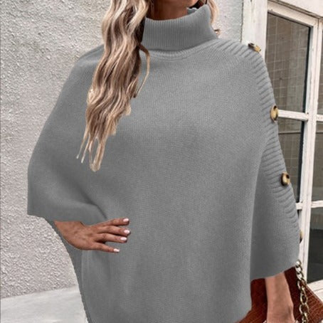Damen Strick-Poncho mit hohem Kragen und Knopfdetails R&B
