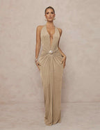 Damen Glamouröses Abendkleid mit tiefem V-Ausschnitt und eleganter Drapierung R&B