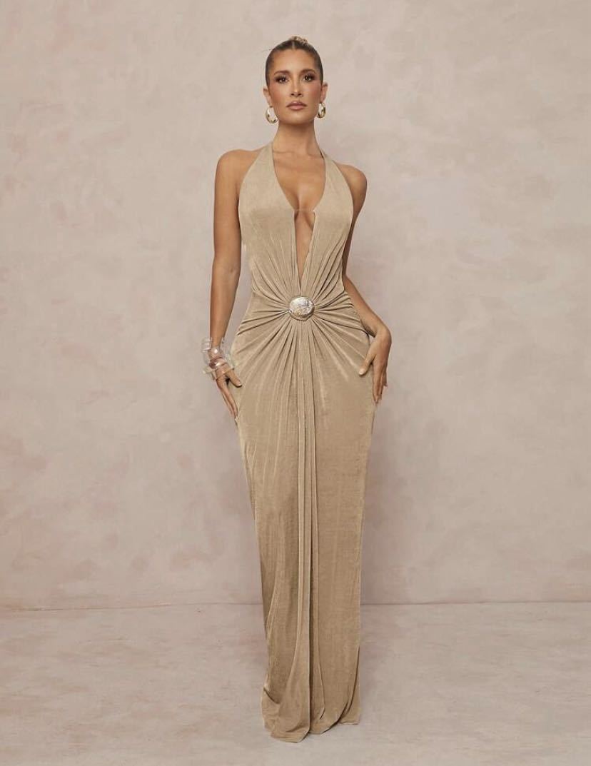 Damen Glamouröses Abendkleid mit tiefem V-Ausschnitt und eleganter Drapierung R&B