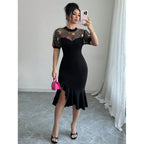 Damen Elegantes Wickelkleid mit transparenter Spitzenblende und Rüschendetails R&B