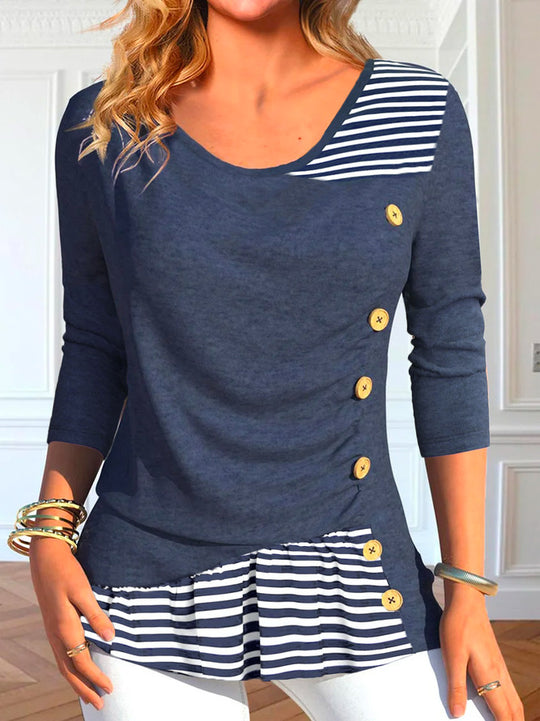 Damen Langarmshirt mit Knopfdetails und gestreiftem Saum R&B