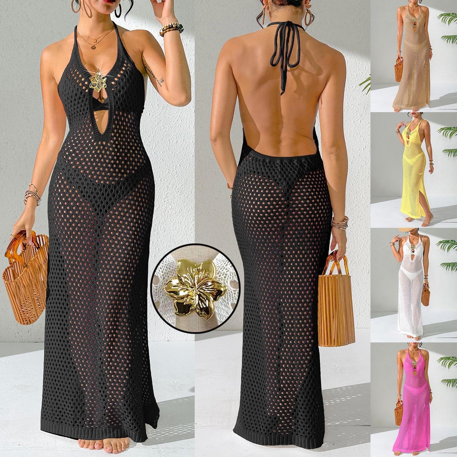 Damen eleganter unifarbener Netz-Strandüberwurf R&B