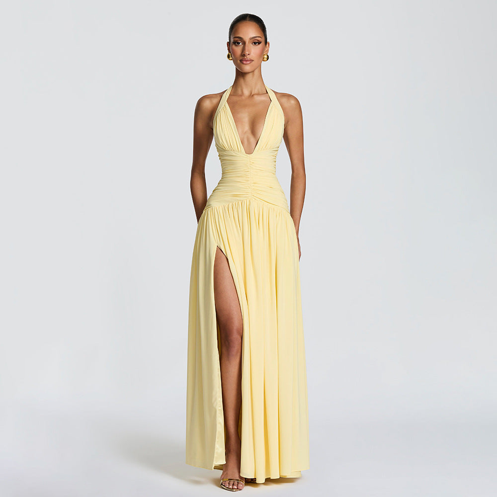 Damen Maxikleid mit tiefem V-Ausschnitt und figurbetonter Raffung R&B