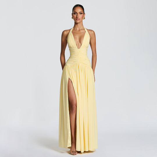 Damen Maxikleid mit tiefem V-Ausschnitt und figurbetonter Raffung R&B