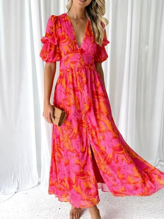 Damen Maxikleid mit Blumenmuster und V-Ausschnitt R&B