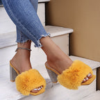 Damen Glamouröse Mules mit kuscheligem Kunstfell und glitzerndem Absatz R&B