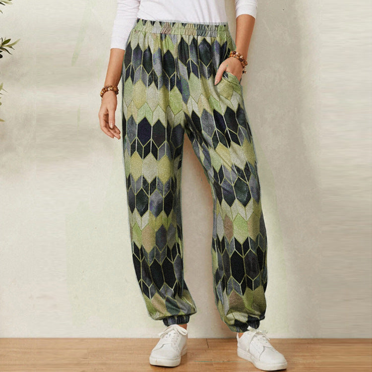 Damen Freizeithose mit modernem geometrischen Muster und elastischem Bund R&B