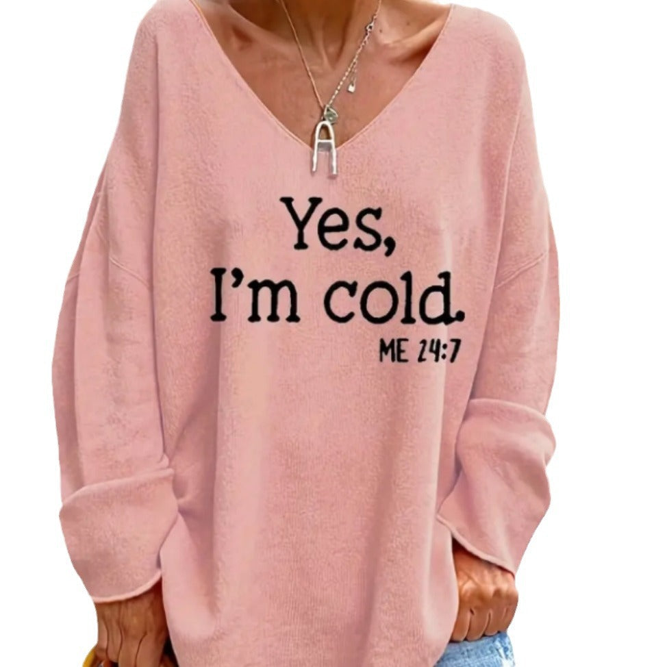 Damen Oversized Pullover mit modernem V-Ausschnitt und aufgedrucktem Statement R&B