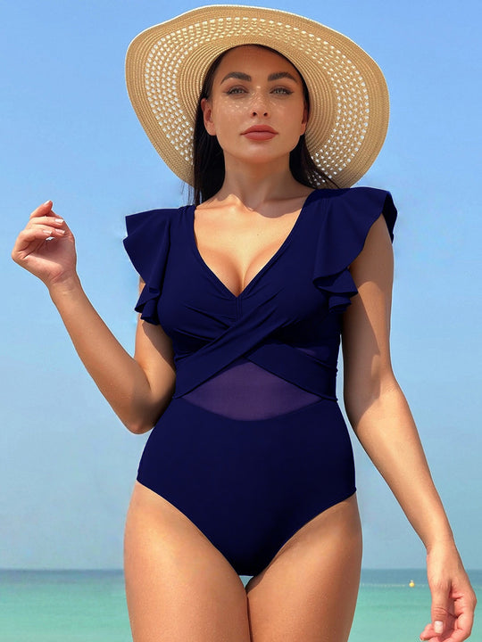 Damen Eleganter Einteiler Badeanzug mit asymmetrischem Rüschendesign R&B