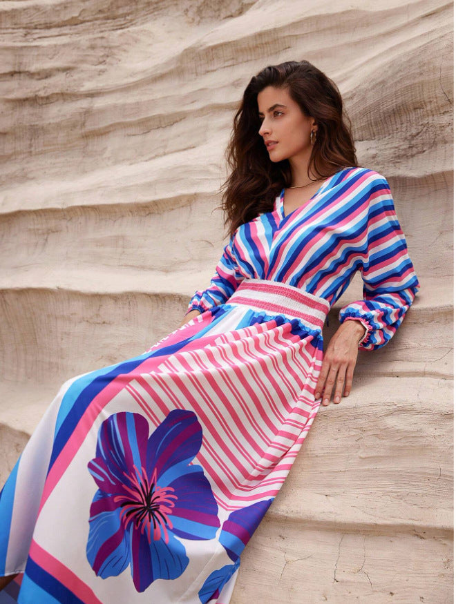 Damen Elegantes Maxikleid mit floralem Design und Streifen R&B