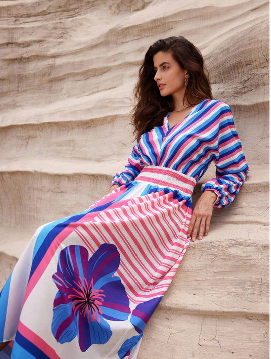 Damen Elegantes Maxikleid mit floralem Design und Streifen R&B