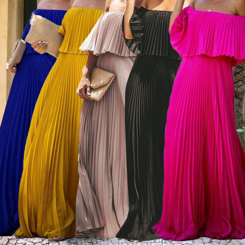 Damen Maxikleid mit asymmetrischem Plisseefall und schulterfreiem Design R&B