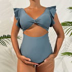 Damen Einteiler Badeanzug mit raffiniertem Wickeldetail und modischen Rüschenelementen R&B