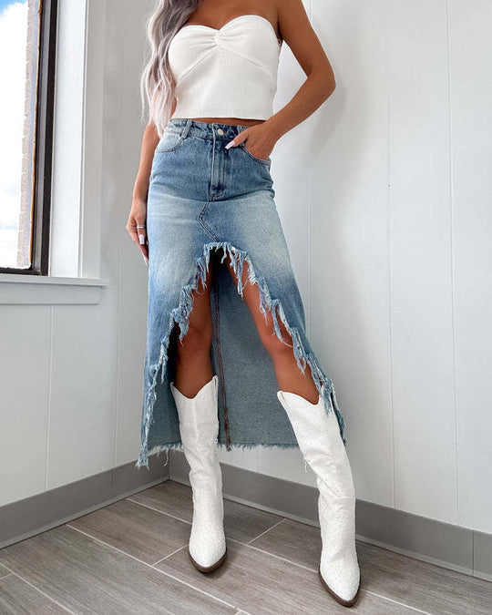 Damen Midilange Jeansrock mit teils fransigem Saum und hohem Schlitz R&B