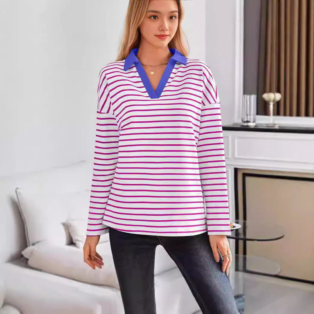 Damen gestreiftes Polo-Shirt mit V-Ausschnitt und kontrastierendem Kragen R&B