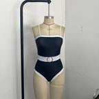 Damen Einteiler Badeanzug mit transparentem Strandüberwurf und modischem Gürtel R&B