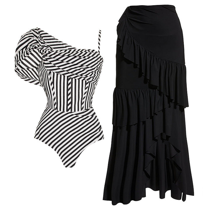 Damen One-Shoulder Badeanzug mit Volantrock R&B
