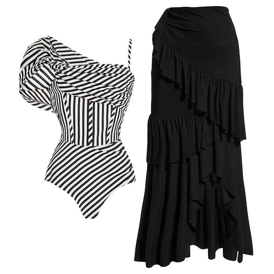 Damen One-Shoulder Badeanzug mit Volantrock R&B