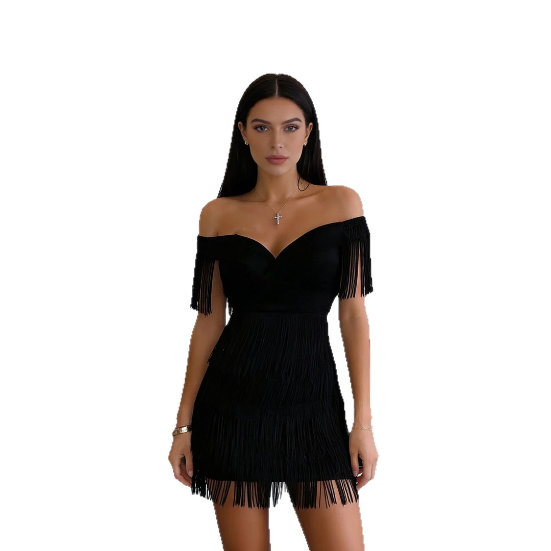 Damen Off-Shoulder Kleid mit Fransen R&B