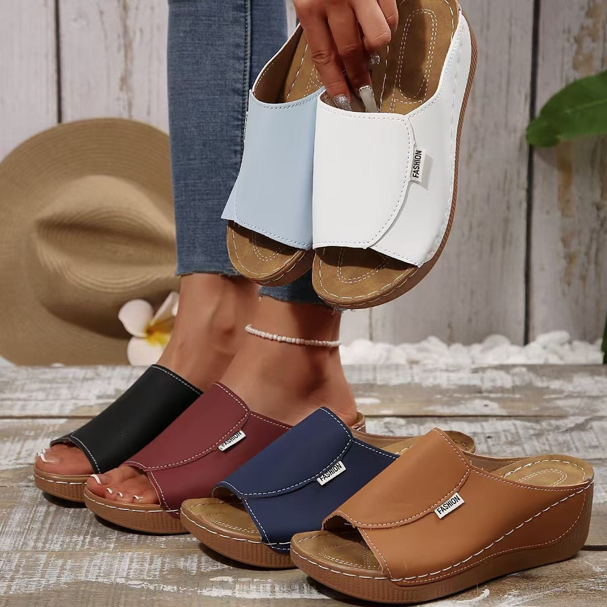 Damen Wedge-Pantoletten mit modischem Riemendesign und komfortablem Fußbett R&B