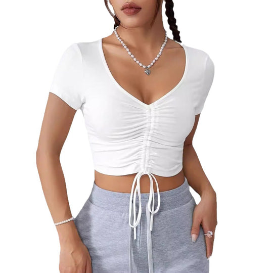 Damen Cropped Top mit raffinierten Rüschendetails und Kordelzug R&B