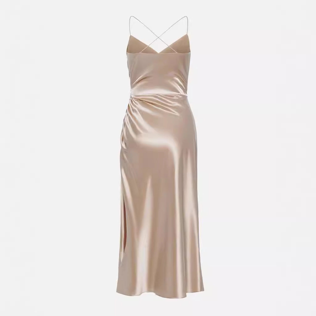 Damen Luxuriöses Satin-Cocktailkleid mit Drapierung und seitlichem Schlitz R&B