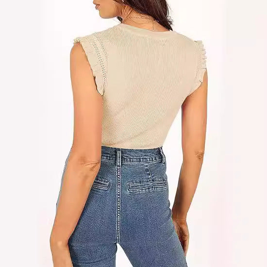 Damen figurbetontes Ripp-Shirt mit Rüschen R&B
