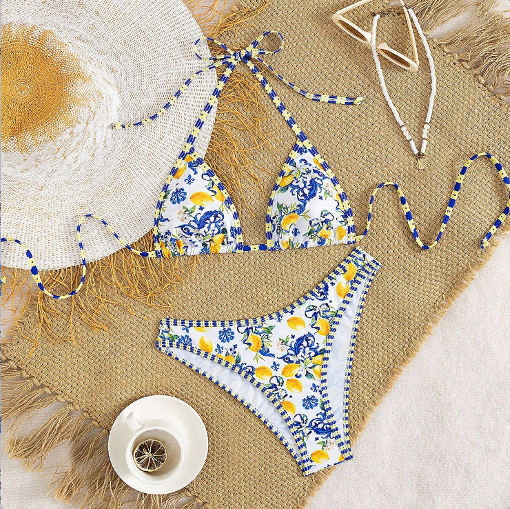Damen Triangel-Bikini mit floralem Design und Bindedetails R&B