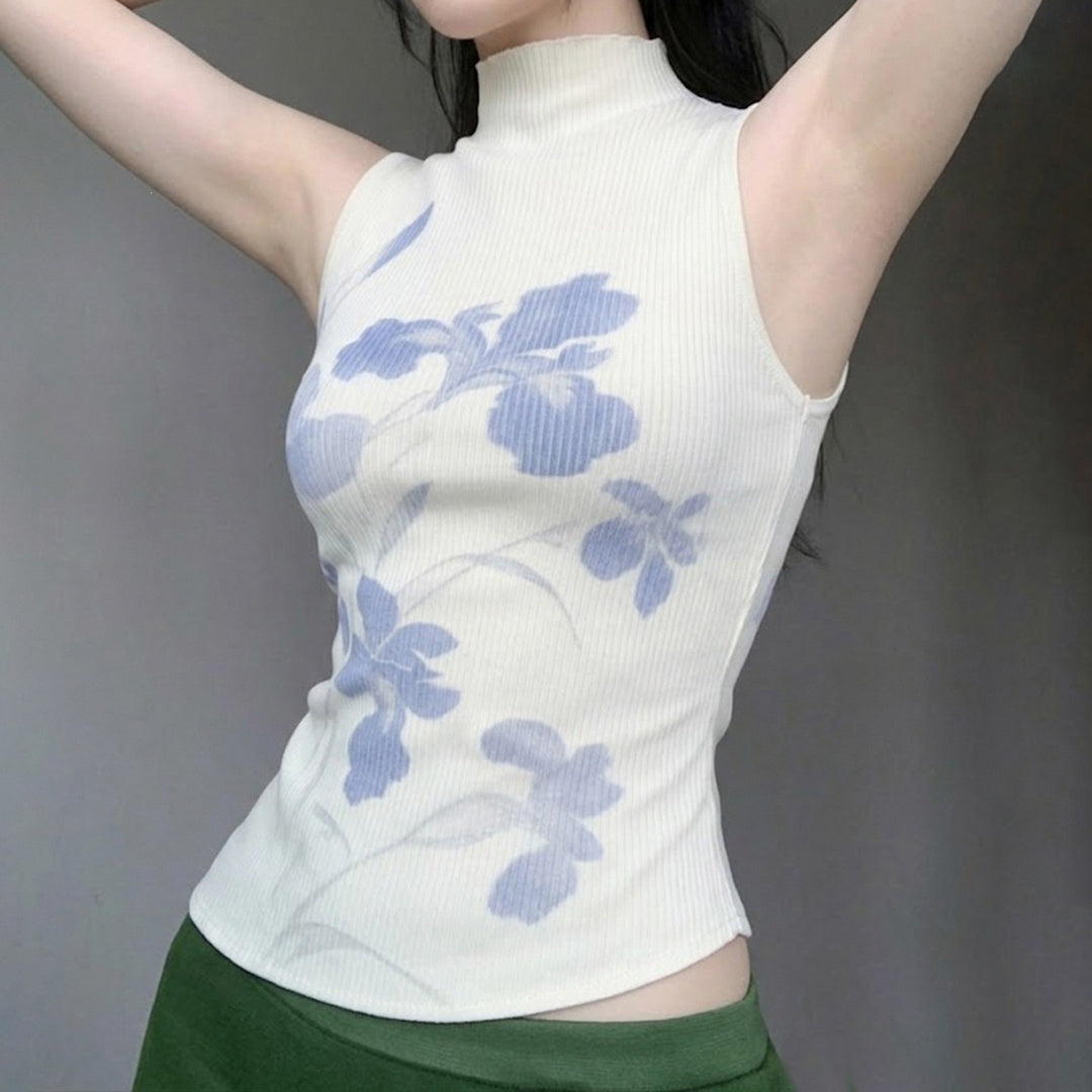 Damen ärmelloses Oberteil mit floralem Druck und elegantem Stehkragen R&B