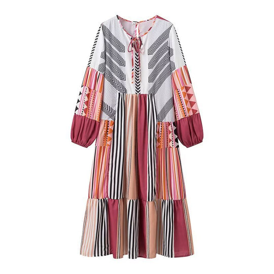 Damen Maxikleid mit buntem grafischem Muster und voluminösen Ärmeln R&B