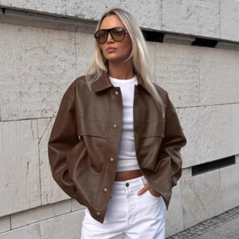 Damen Modische Kunstlederjacke im lässigen Oversized-Schnitt R&B