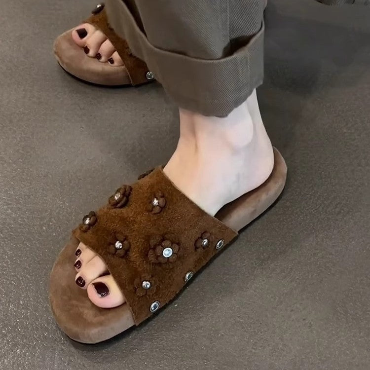 Damen modische Hausschläppchen mit floralen Applikationen und dekorativen Strasssteinen R&B