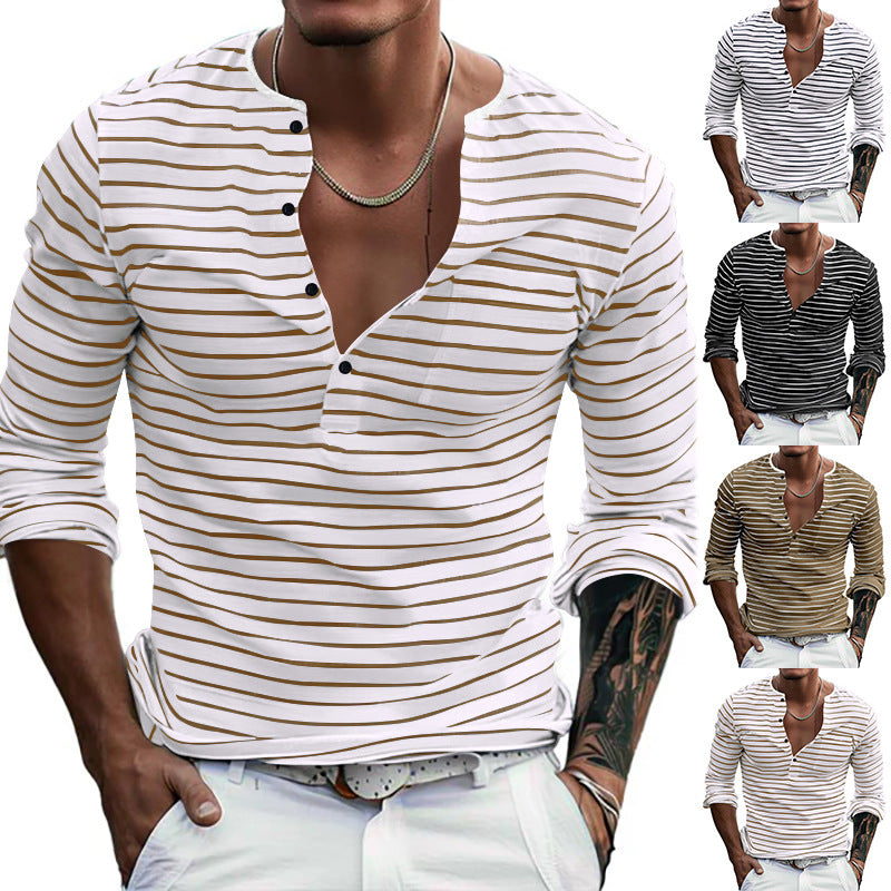 Herren Langarm-Henley-Shirt mit modischem Streifenmuster R&B