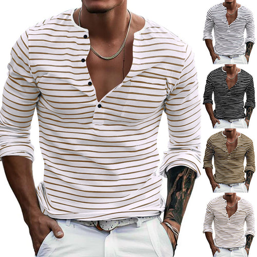 Herren nan gestreiftes Langarmshirt mit kurzer Knopfleiste, Rundhalsausschnitt und dezenter Brusttasche R&B