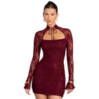 Damen Spitzen Minikleid mit hohem Kragen und schmalen Ärmeln R&B