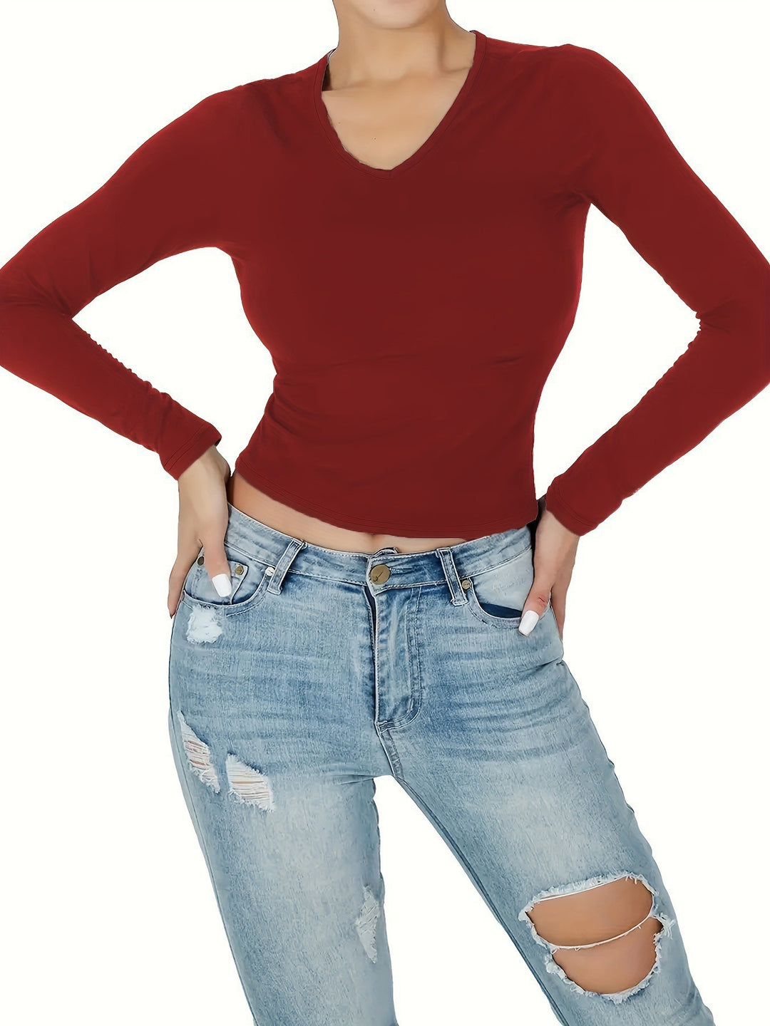 Damen Langarmshirt mit figurbetonter Passform und V-Ausschnitt R&B