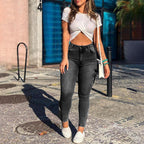 Damen Cargo-Jeans mit hohem Bund und modischen Taschen R&B