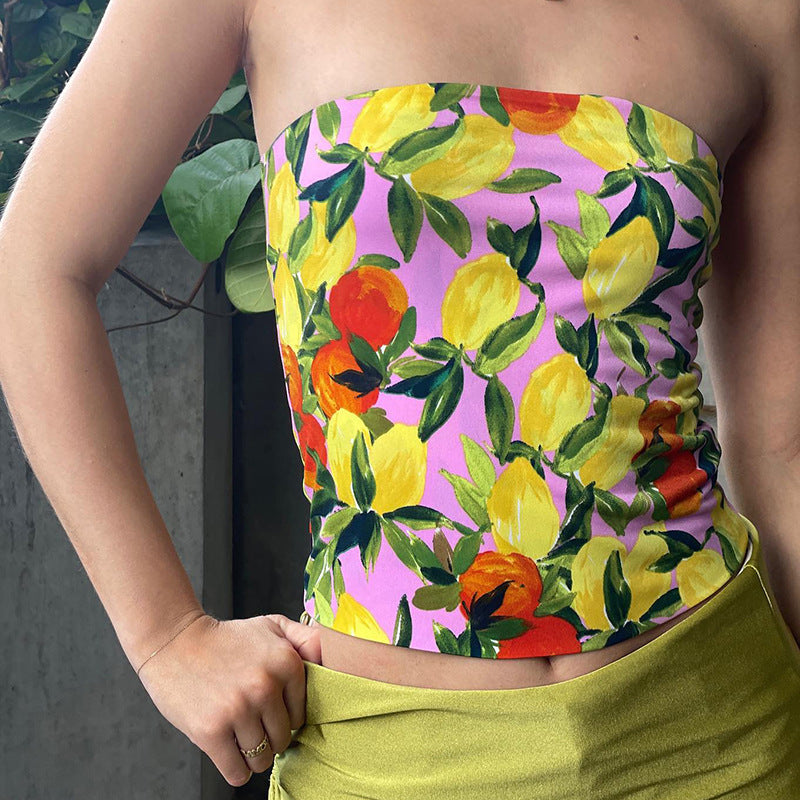 Damen Crop Top mit fruchtigem Muster R&B